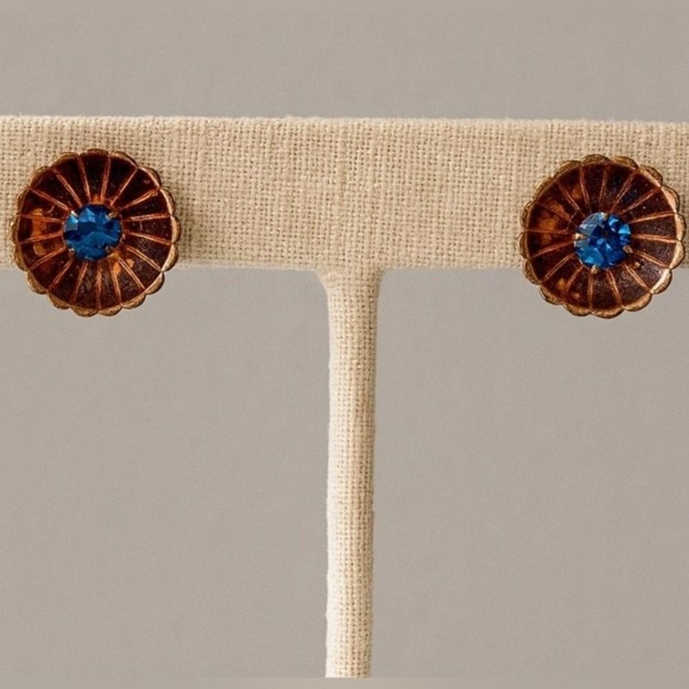 Vintage Sterling Womens Gold Tone & Blue Stone Detailed‎ Floral Earrings